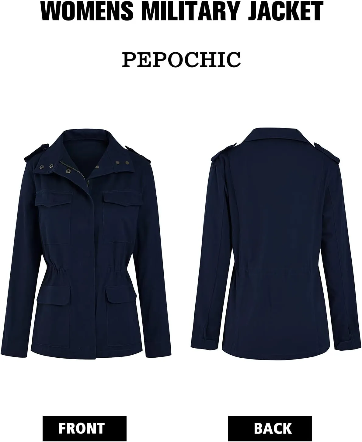 Pepochic Womens Military Jacket Zip Up Snap Buttons Lightweight Utility Anorak Field Safari Coat Outwear
