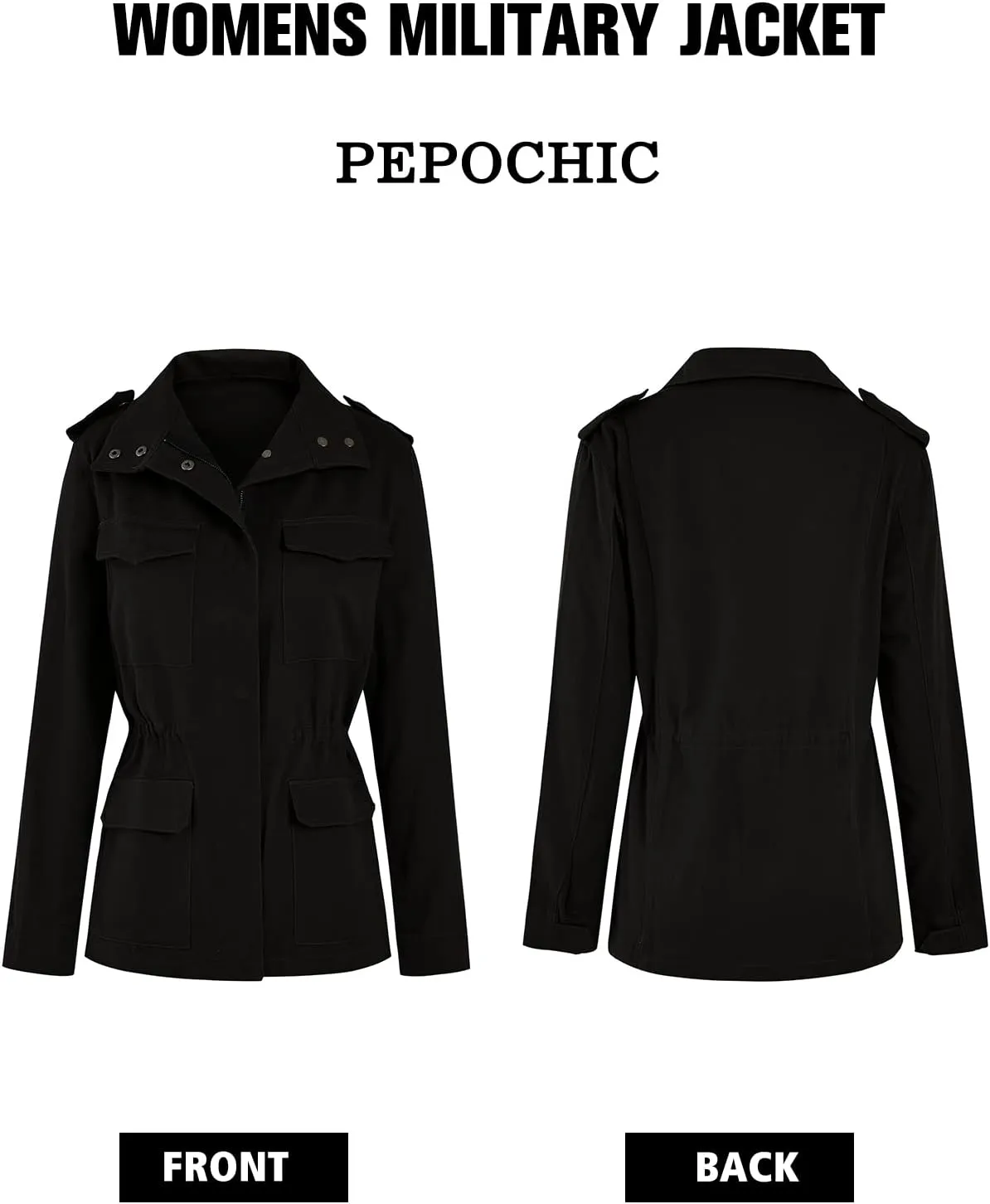 Pepochic Womens Military Jacket Zip Up Snap Buttons Lightweight Utility Anorak Field Safari Coat Outwear