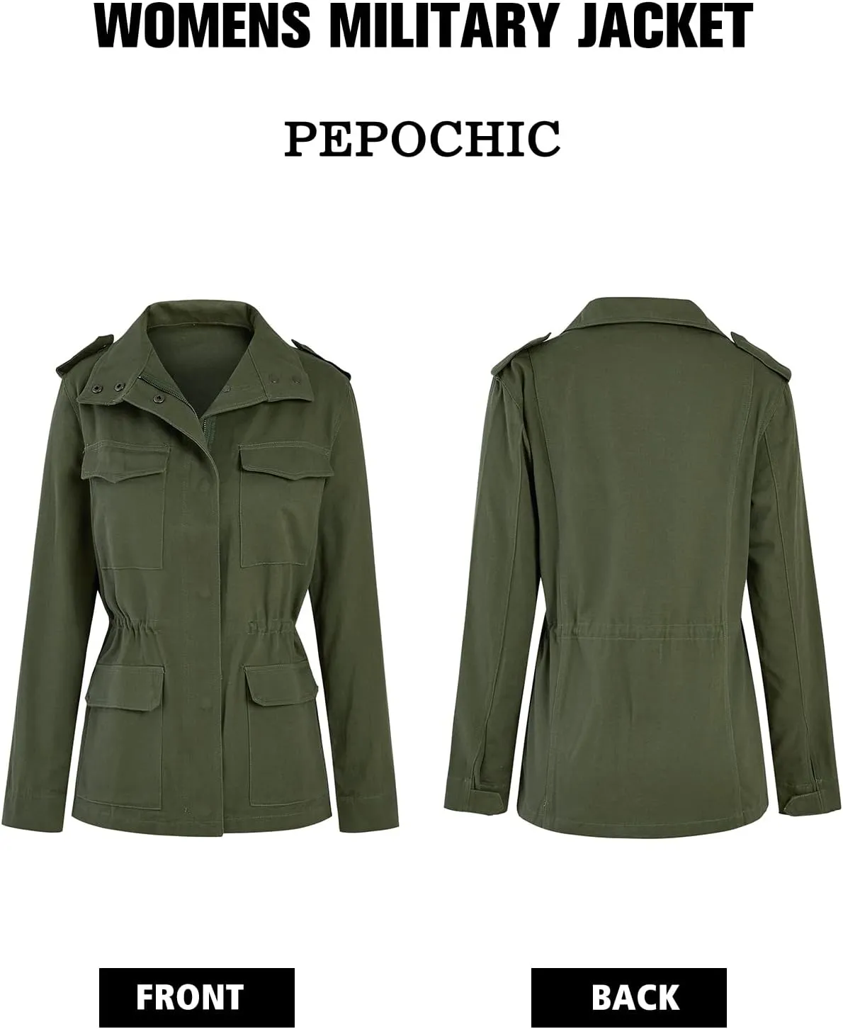 Pepochic Womens Military Jacket Zip Up Snap Buttons Lightweight Utility Anorak Field Safari Coat Outwear