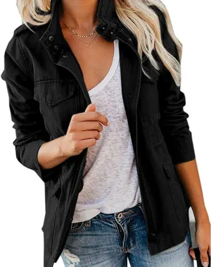 Pepochic Womens Military Jacket Zip Up Snap Buttons Lightweight Utility Anorak Field Safari Coat Outwear