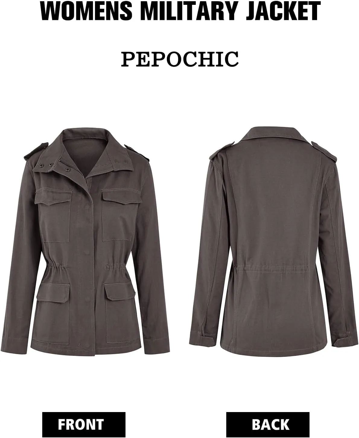 Pepochic Womens Military Jacket Zip Up Snap Buttons Lightweight Utility Anorak Field Safari Coat Outwear