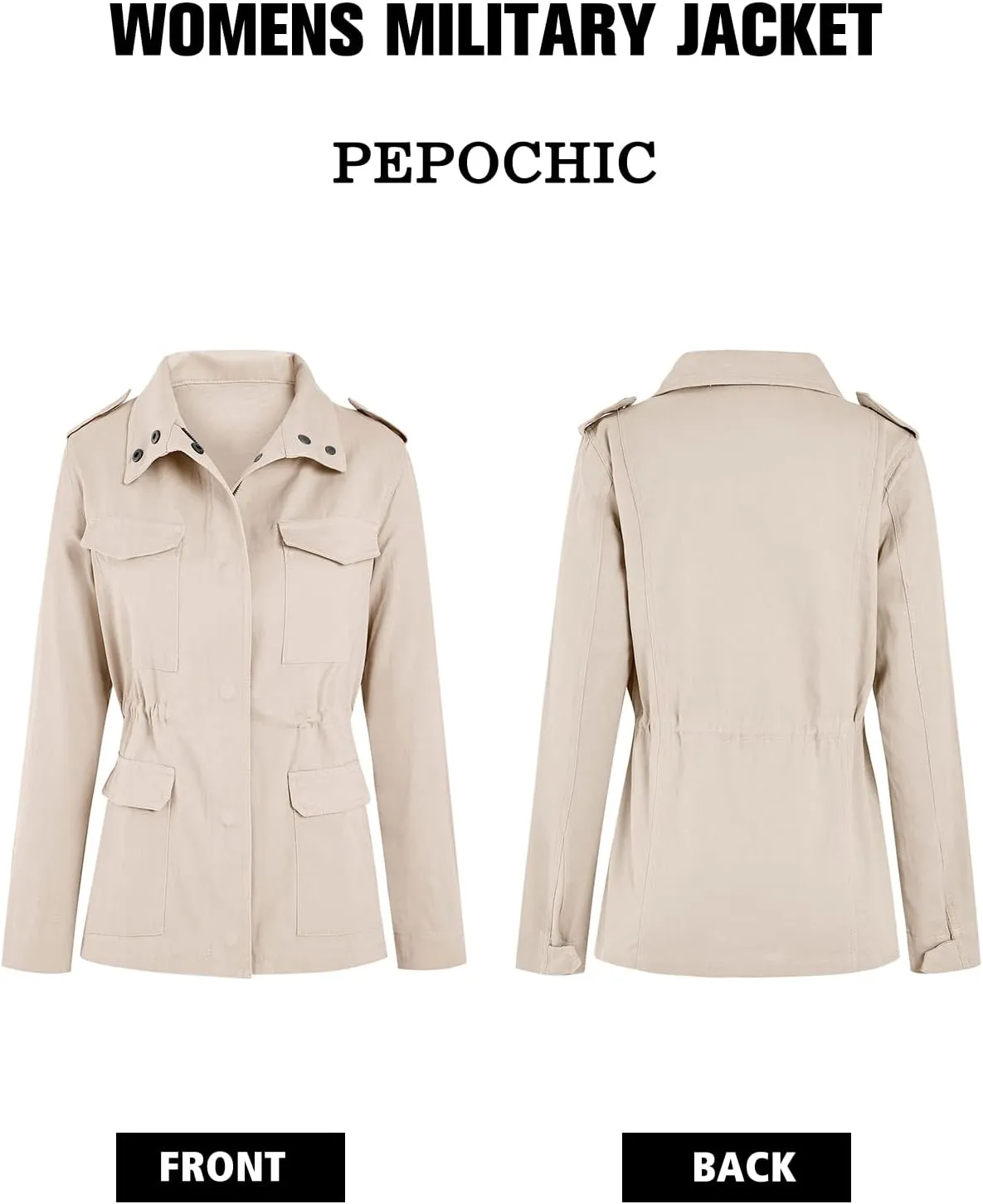 Pepochic Womens Military Jacket Zip Up Snap Buttons Lightweight Utility Anorak Field Safari Coat Outwear