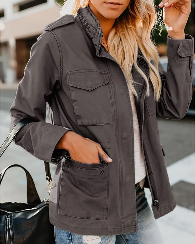Pepochic Womens Military Jacket Zip Up Snap Buttons Lightweight Utility Anorak Field Safari Coat Outwear