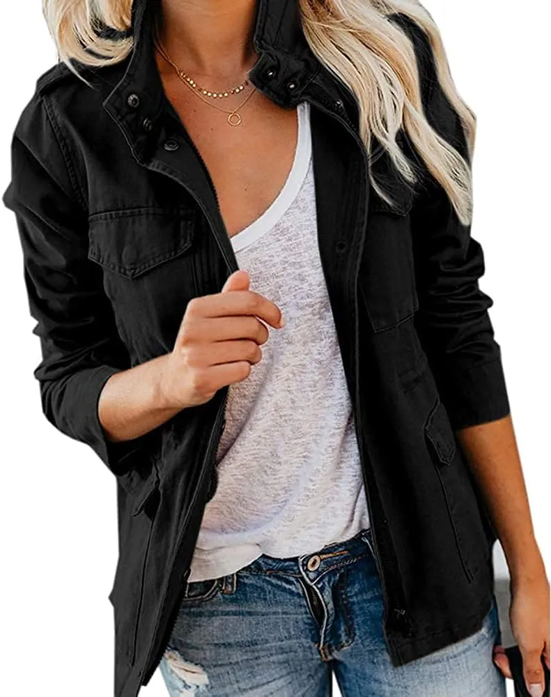 Pepochic Womens Military Jacket Zip Up Snap Buttons Lightweight Utility Anorak Field Safari Coat Outwear