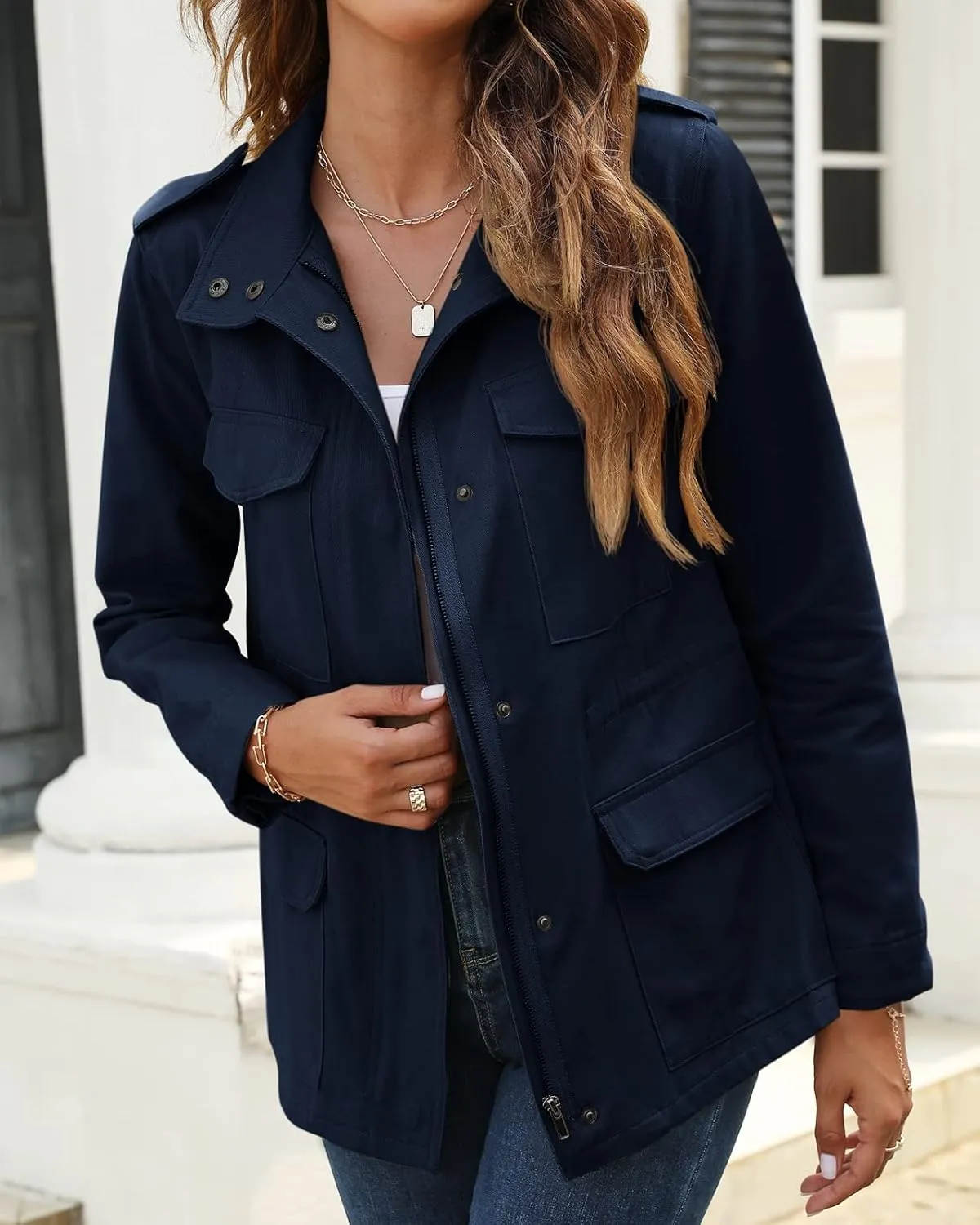 Pepochic Womens Military Jacket Zip Up Snap Buttons Lightweight Utility Anorak Field Safari Coat Outwear