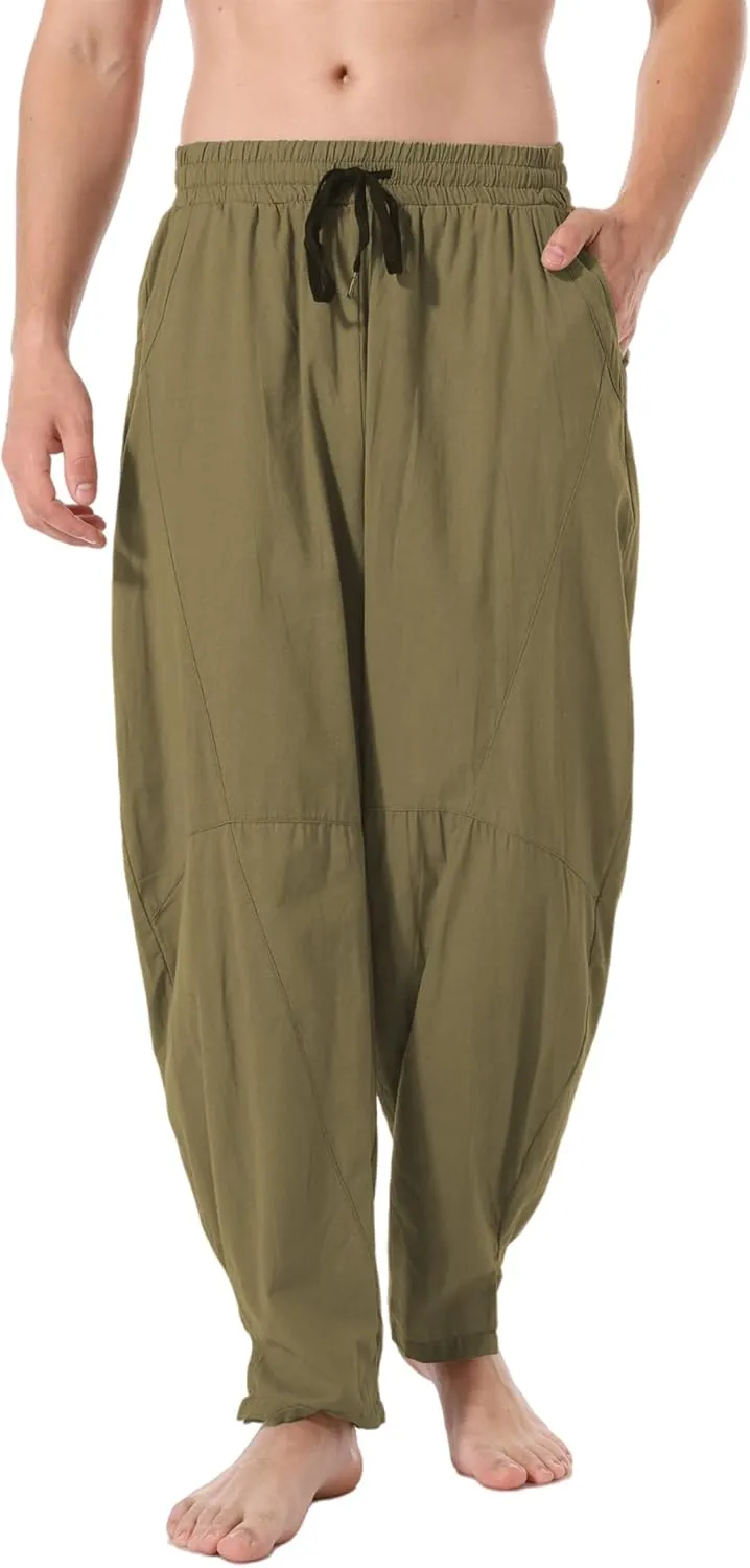perdontoo Men's Linen Cotton Loose Fit Casual Lightweight Elastic Waist Summer Beach Pants