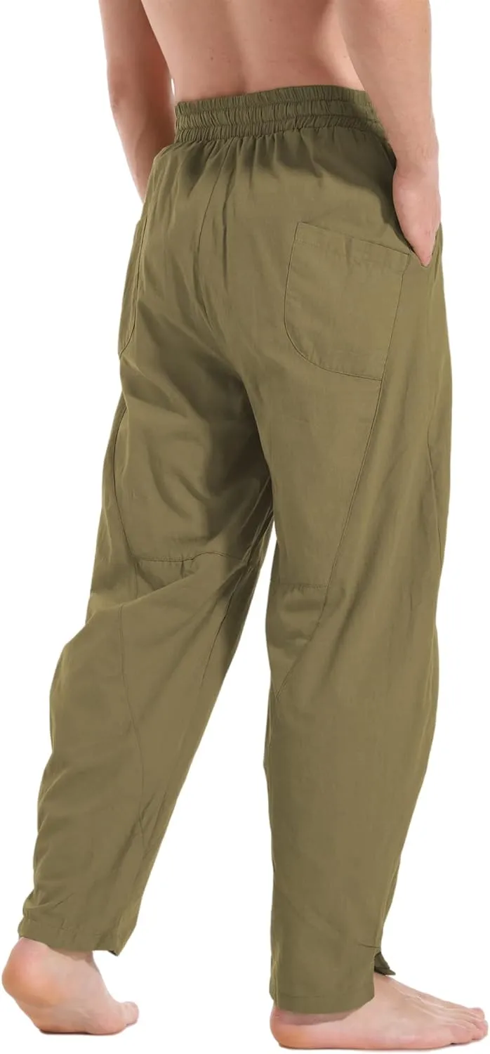 perdontoo Men's Linen Cotton Loose Fit Casual Lightweight Elastic Waist Summer Beach Pants
