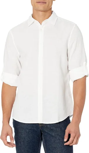 Perry Ellis Men's Roll Sleeve Solid Linen Cotton Button-Down Shirt (Size Small-Xx-Large)