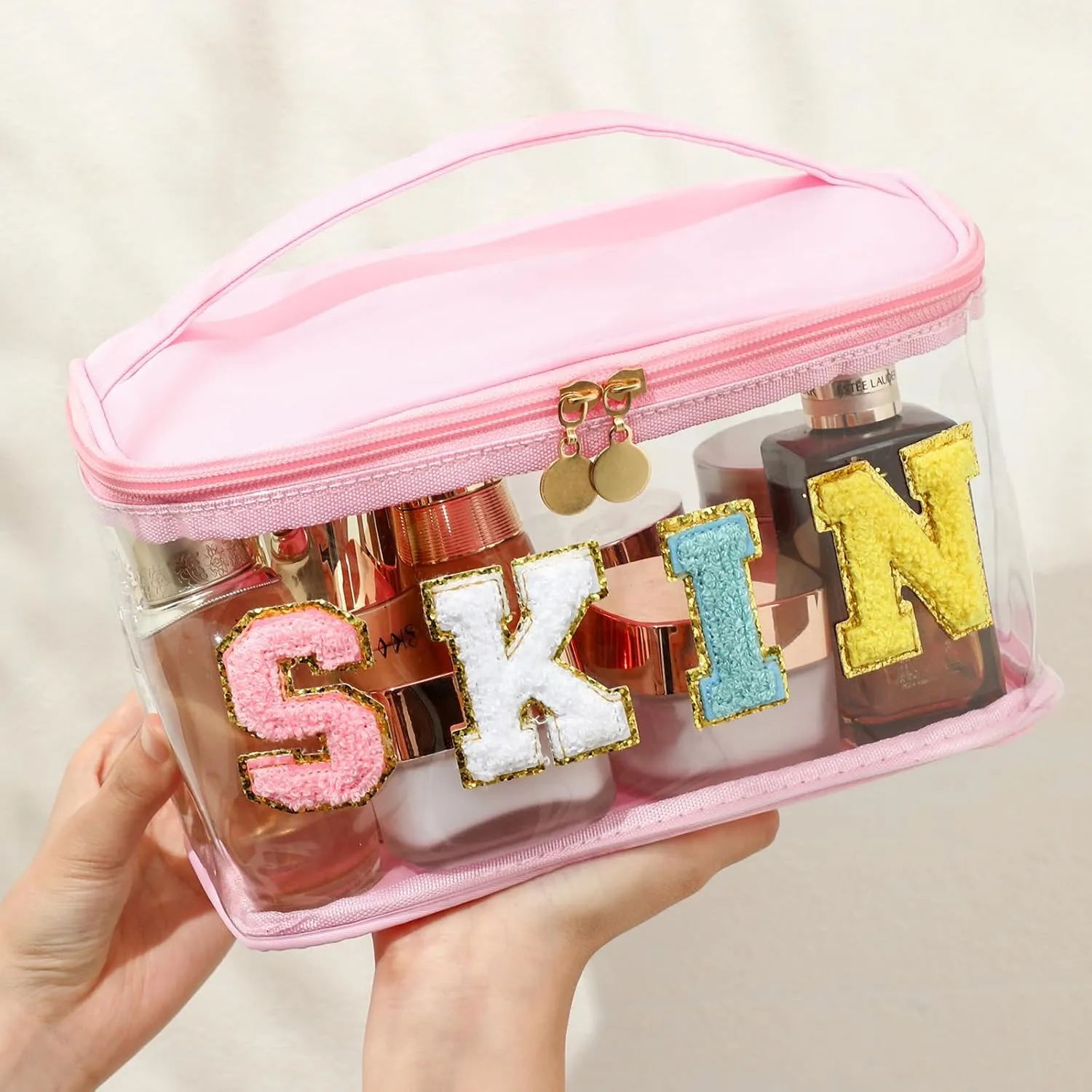 Personalized Chenille Letter Clear Hair Makeup Bag, Large Size Waterproof Nylon Cosmetic Toiletry Storage bag with Top Handle, Transparent Meds Hair Travel Organizer Cosmetic Bag(05Hair-Green)