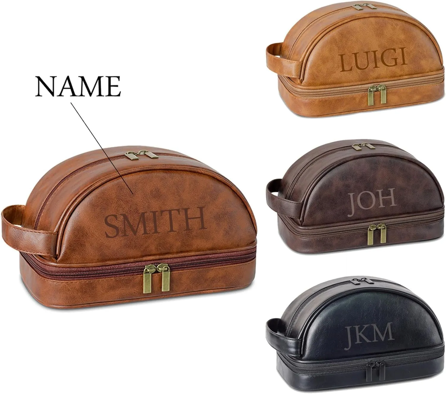 Personalized Leather Toiletry Bag for Men, Engraved Name, Customized Gift for Birthday, Dad, Husband, Grandpa, Lover, Groomsmen, Travel & Toiletry Use (Black)