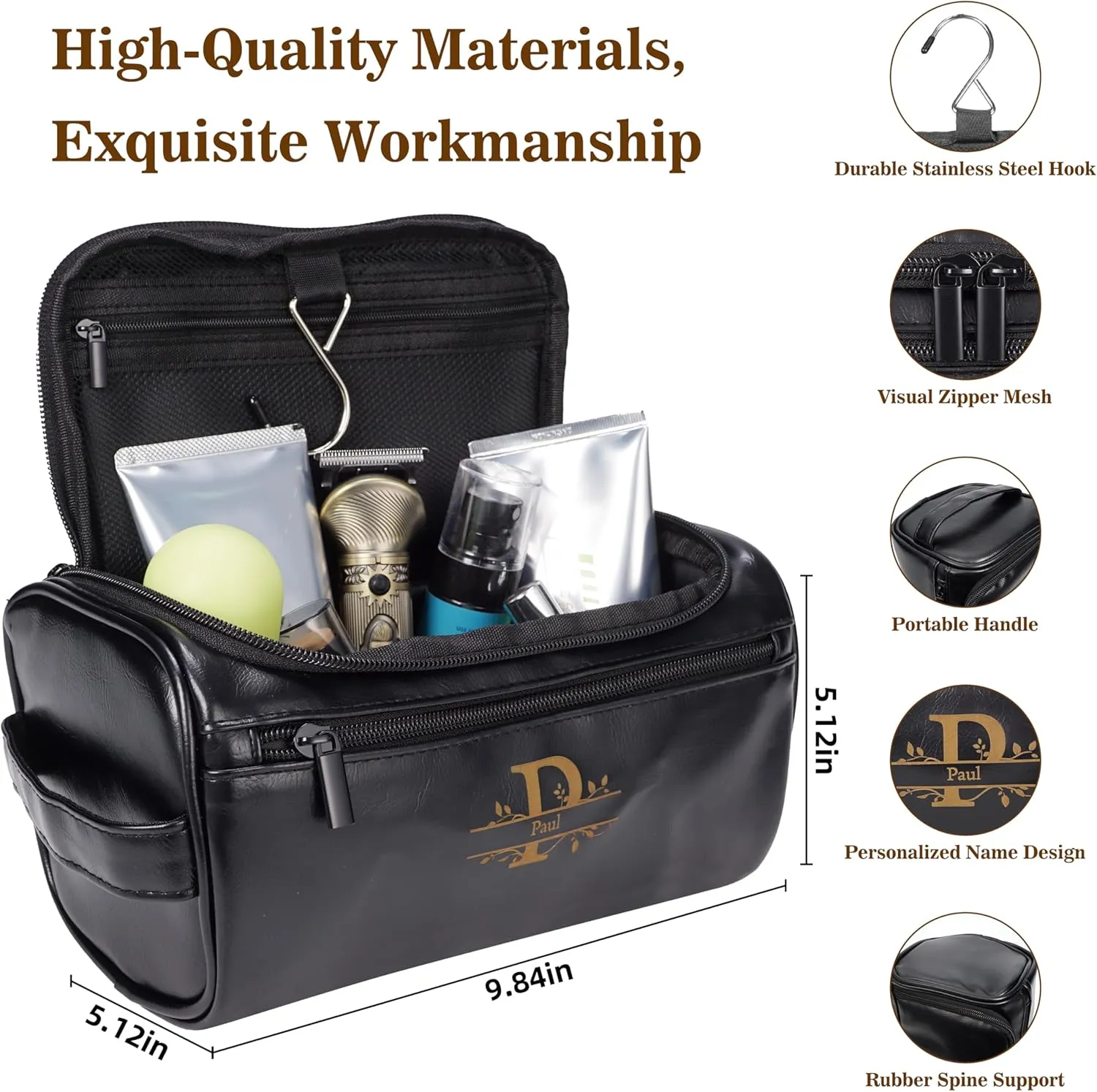 Personalized Leather Toiletry Bag for Men–Custom with Name & Initials,Perfect for Shaving and Travel Storage,Gift for Men– Anniversary, Birthday or Groomsmen Gifts - Black