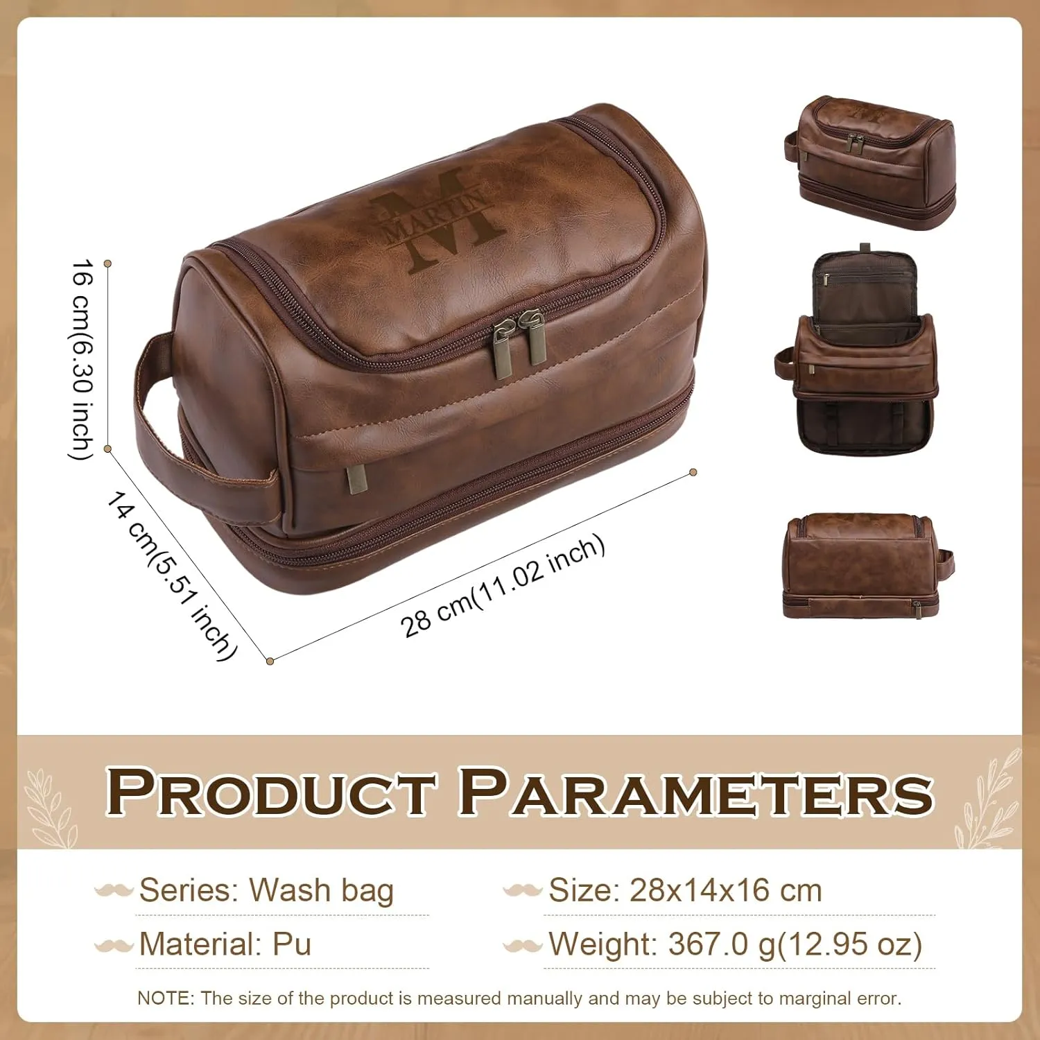 Personalized Toiletry Bag for Men Custom PU Leather Mens Toiletry Travel Bag Shaving Bag Dopp Kit Gift for Dad Groomsmen Gifts Personalized Gifts for Men (Brown)