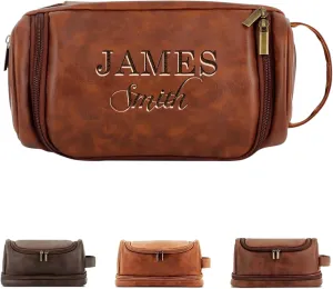 Personalized Toiletry Bag Hanging Travel Organizer for Men, Customized Large Capacity Bag Engraved Name Text, Custom Waterproof PU Leather Bathroom Dopp Shaving Kit Dad Birthday Groomsmen Wedding Gift