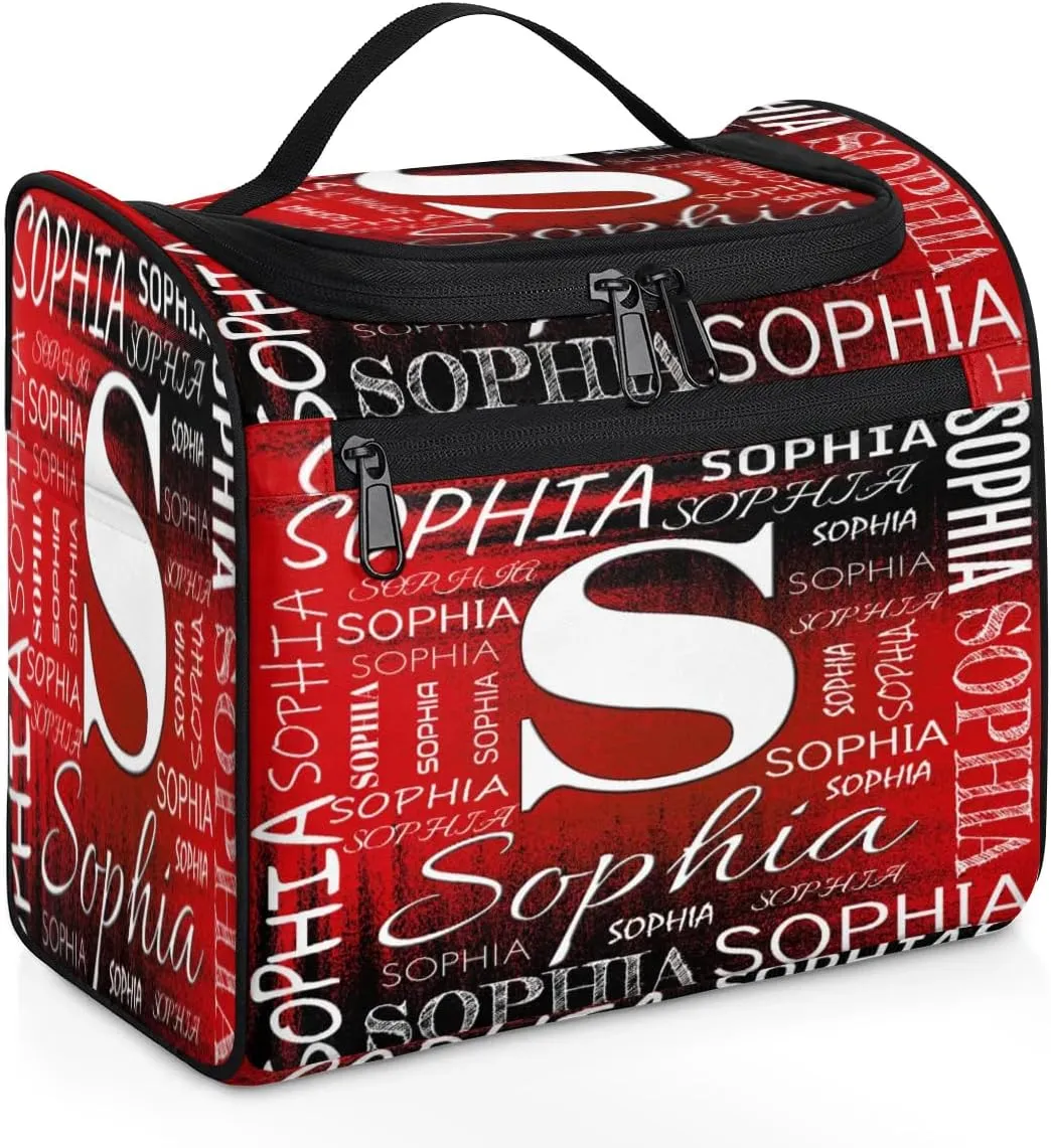 Personalized Travel Toiletry Bag for Women and Men, Hanging Travel Bag for Toiletries, Custom Makeup Organizer Bag for Cosmetics, Customized with Name Birthdays Gifts, Black Red