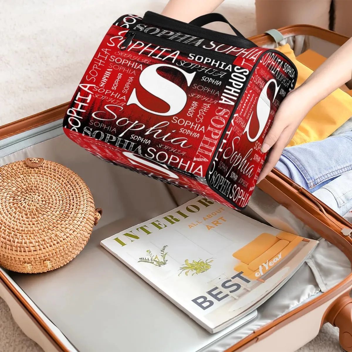 Personalized Travel Toiletry Bag for Women and Men, Hanging Travel Bag for Toiletries, Custom Makeup Organizer Bag for Cosmetics, Customized with Name Birthdays Gifts, Black Red
