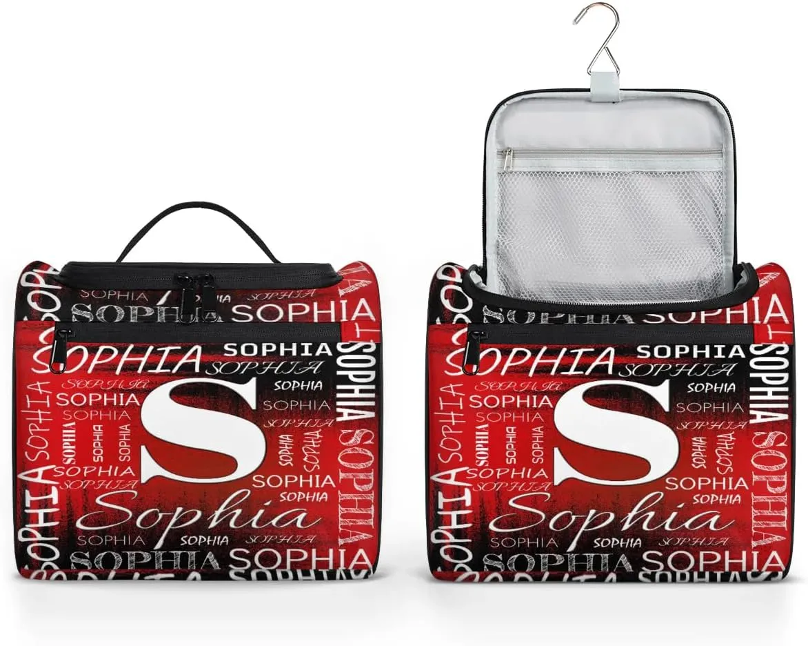 Personalized Travel Toiletry Bag for Women and Men, Hanging Travel Bag for Toiletries, Custom Makeup Organizer Bag for Cosmetics, Customized with Name Birthdays Gifts, Black Red