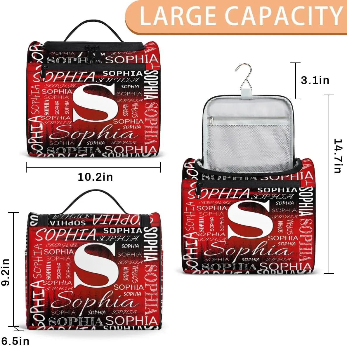 Personalized Travel Toiletry Bag for Women and Men, Hanging Travel Bag for Toiletries, Custom Makeup Organizer Bag for Cosmetics, Customized with Name Birthdays Gifts, Black Red
