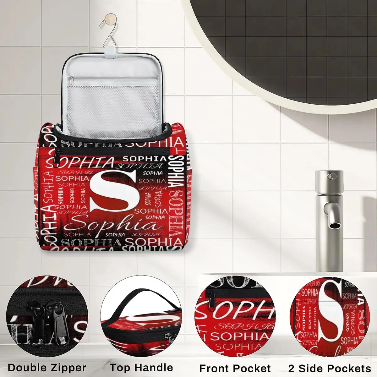 Personalized Travel Toiletry Bag for Women and Men, Hanging Travel Bag for Toiletries, Custom Makeup Organizer Bag for Cosmetics, Customized with Name Birthdays Gifts, Black Red
