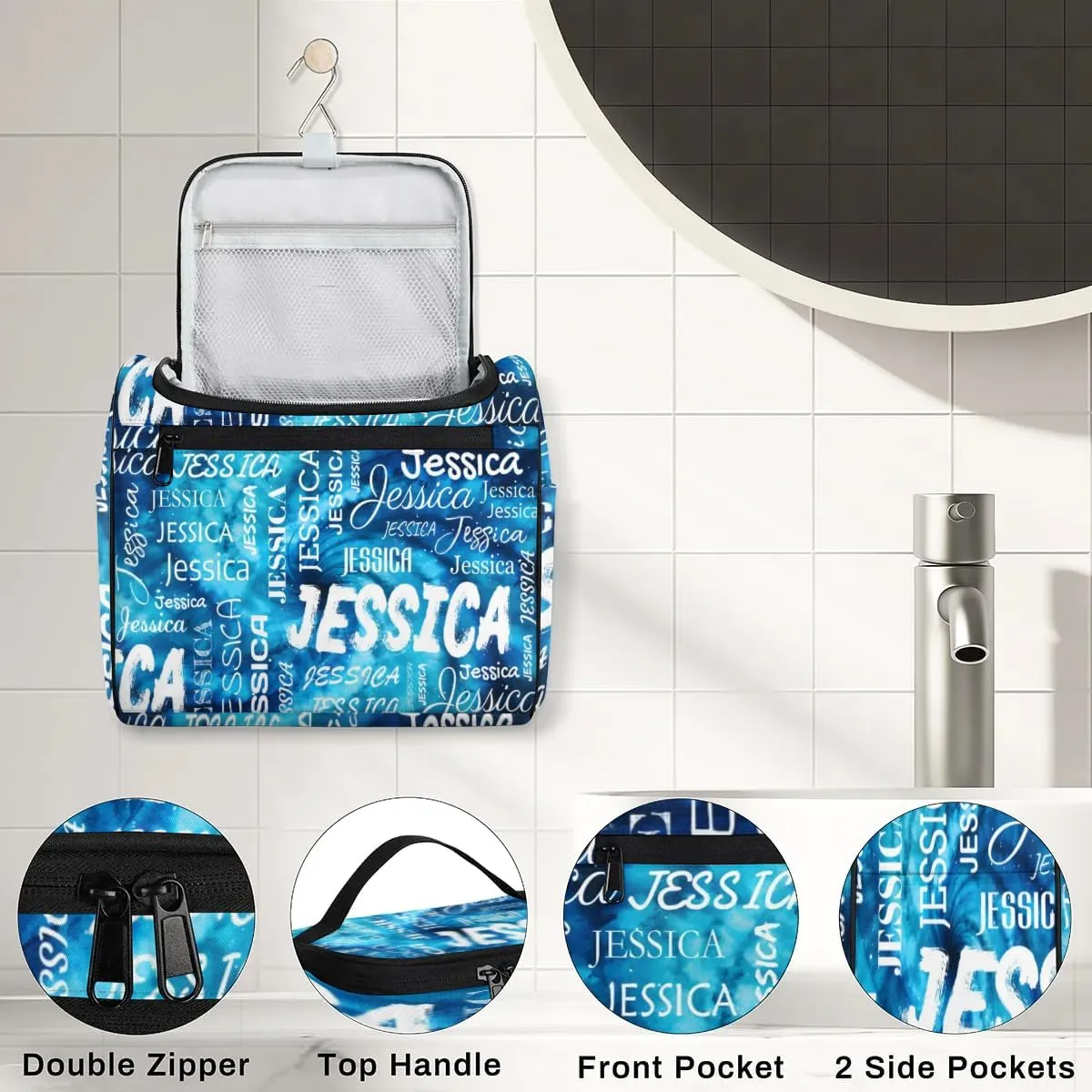 Personalized Travel Toiletry Bag for Women and Men, Hanging Travel Bag for Toiletries, Custom Makeup Organizer Bag for Cosmetics, Tie Dye Navy