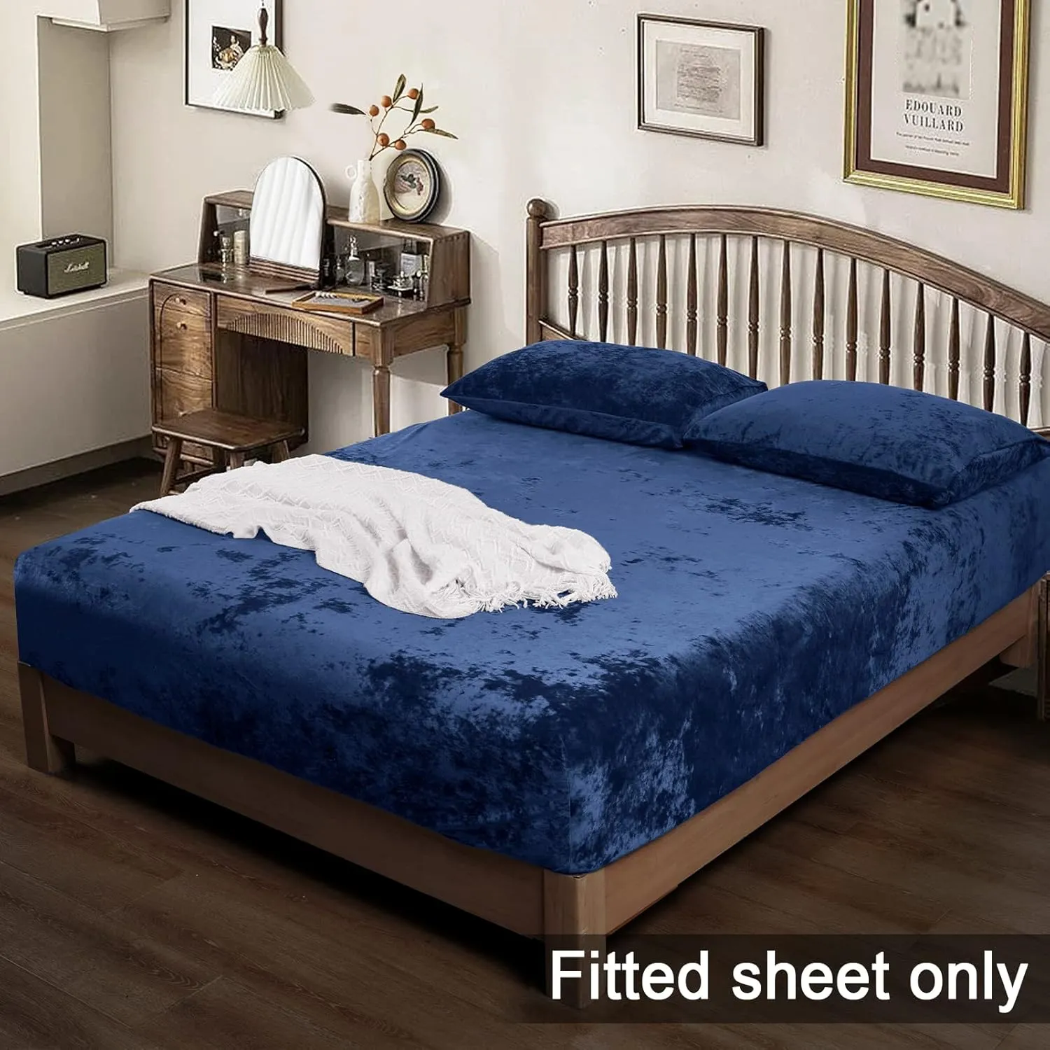 PHF Truly Velvet Fitted Sheet Only Queen Size, Luxury Super Soft Cozy Comfy Fleece Bottom with 15" Deep Pocket,Suitable for Fall Winter and Spring, No Pillowcases, Navy Blue