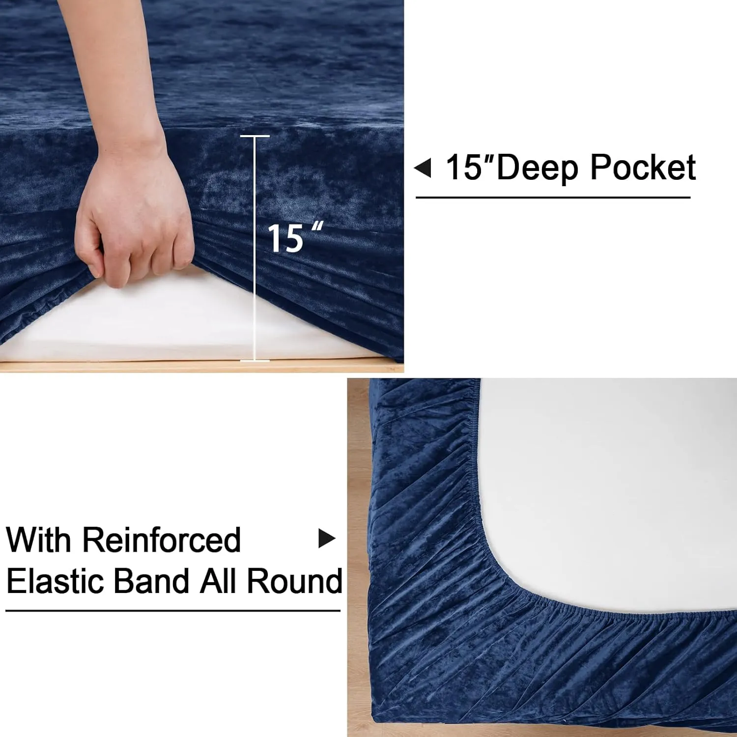 PHF Truly Velvet Fitted Sheet Only Queen Size, Luxury Super Soft Cozy Comfy Fleece Bottom with 15" Deep Pocket,Suitable for Fall Winter and Spring, No Pillowcases, Navy Blue
