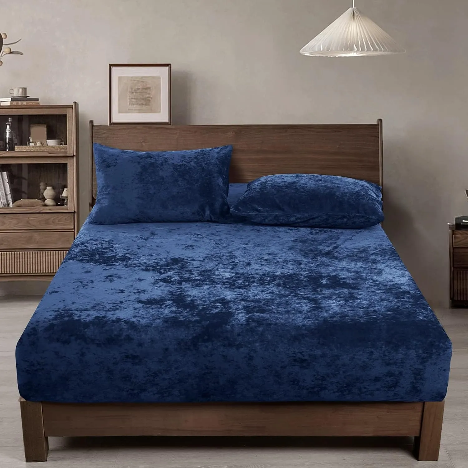 PHF Truly Velvet Fitted Sheet Only Queen Size, Luxury Super Soft Cozy Comfy Fleece Bottom with 15" Deep Pocket,Suitable for Fall Winter and Spring, No Pillowcases, Navy Blue