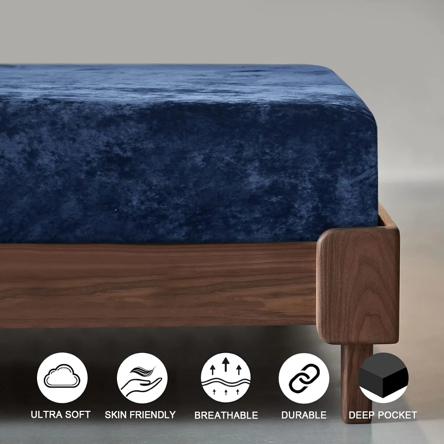 PHF Truly Velvet Fitted Sheet Only Queen Size, Luxury Super Soft Cozy Comfy Fleece Bottom with 15" Deep Pocket,Suitable for Fall Winter and Spring, No Pillowcases, Navy Blue
