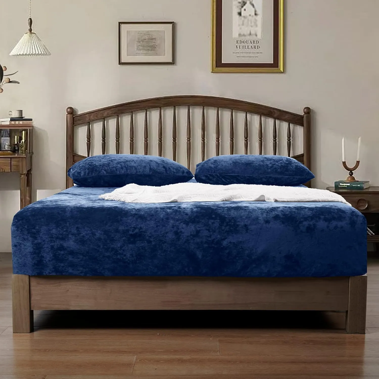 PHF Truly Velvet Fitted Sheet Only Queen Size, Luxury Super Soft Cozy Comfy Fleece Bottom with 15" Deep Pocket,Suitable for Fall Winter and Spring, No Pillowcases, Navy Blue