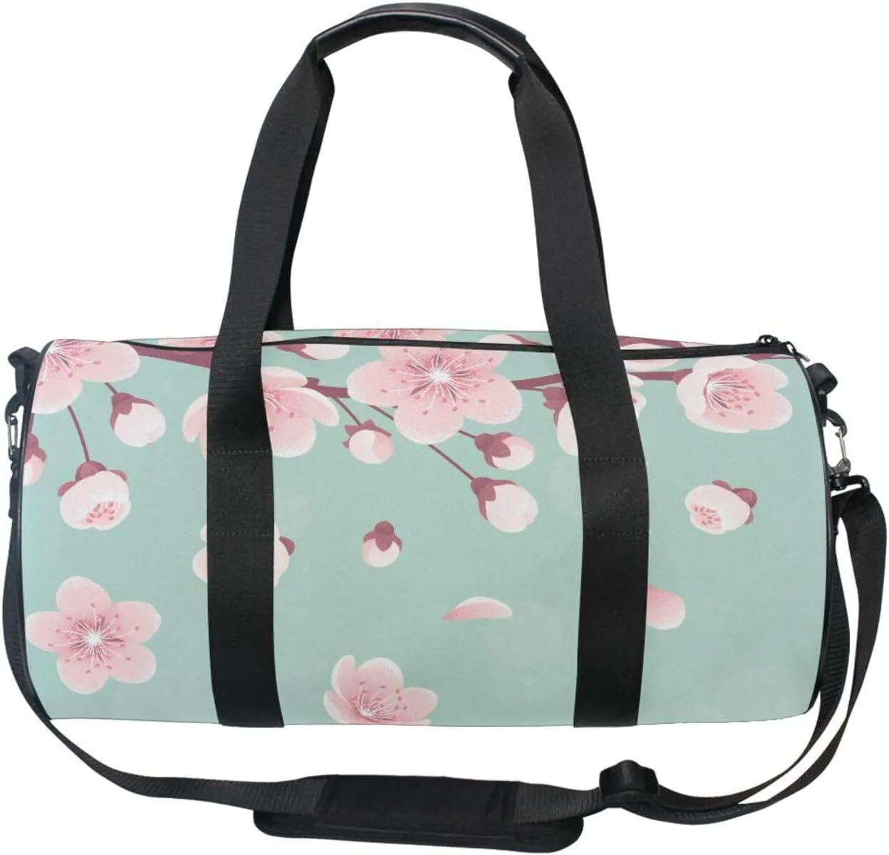 Pink Cherry Blossoms, Spring Flowers, Falling Petals on Turquoise Portable Gym Bag, Travel Bag, Luggage bag, Sports Bag, Toiletry Bag with Handles, Detachable Shoulder Strap 17.6 x 9 x 9 inch