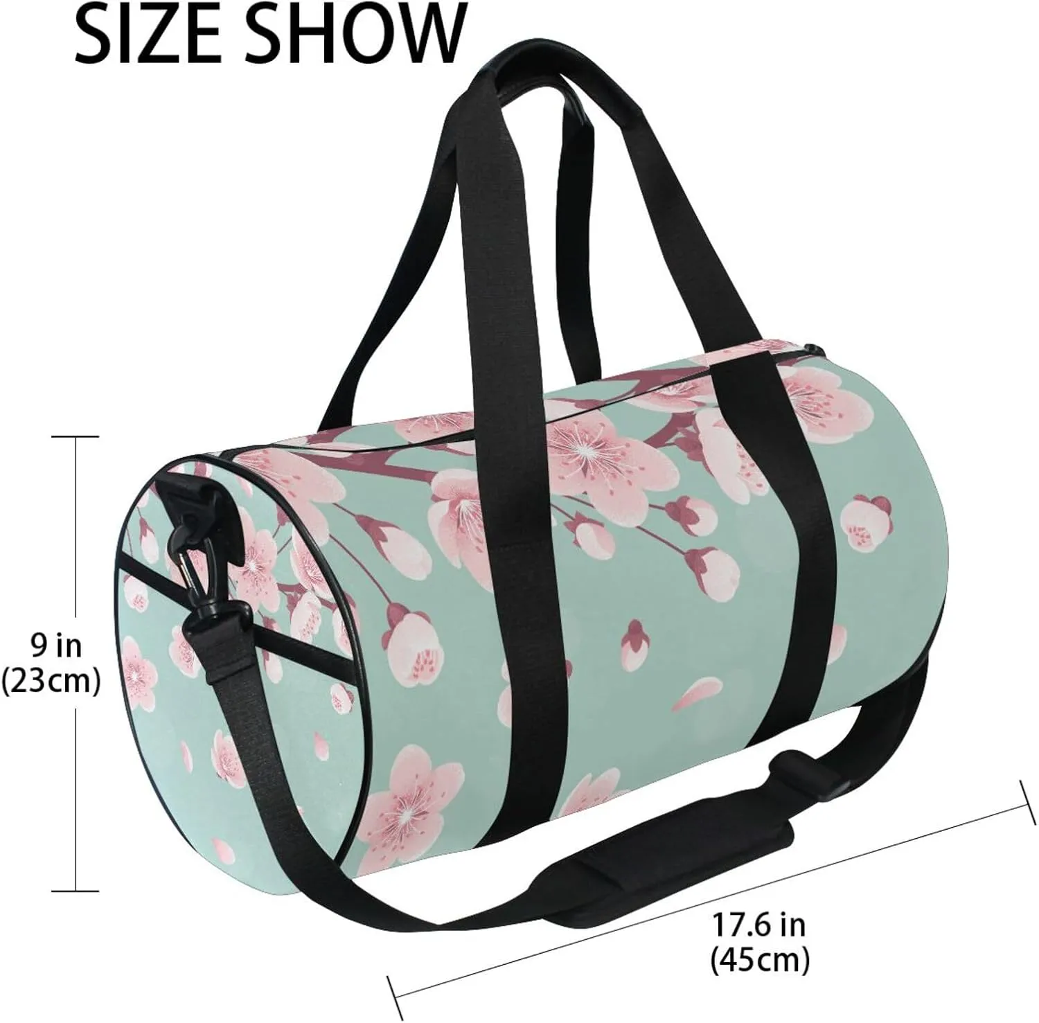 Pink Cherry Blossoms, Spring Flowers, Falling Petals on Turquoise Portable Gym Bag, Travel Bag, Luggage bag, Sports Bag, Toiletry Bag with Handles, Detachable Shoulder Strap 17.6 x 9 x 9 inch