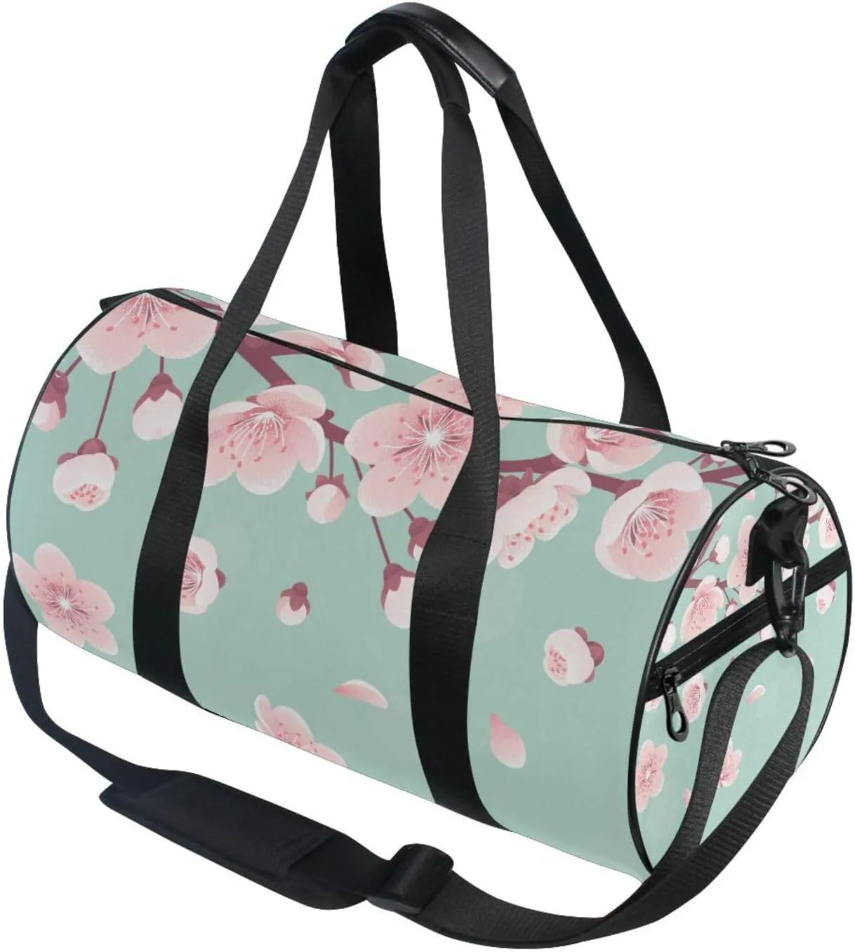 Pink Cherry Blossoms, Spring Flowers, Falling Petals on Turquoise Portable Gym Bag, Travel Bag, Luggage bag, Sports Bag, Toiletry Bag with Handles, Detachable Shoulder Strap 17.6 x 9 x 9 inch