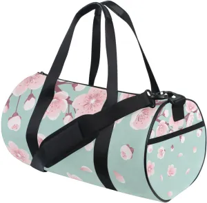 Pink Cherry Blossoms, Spring Flowers, Falling Petals on Turquoise Portable Gym Bag, Travel Bag, Luggage bag, Sports Bag, Toiletry Bag with Handles, Detachable Shoulder Strap 17.6 x 9 x 9 inch