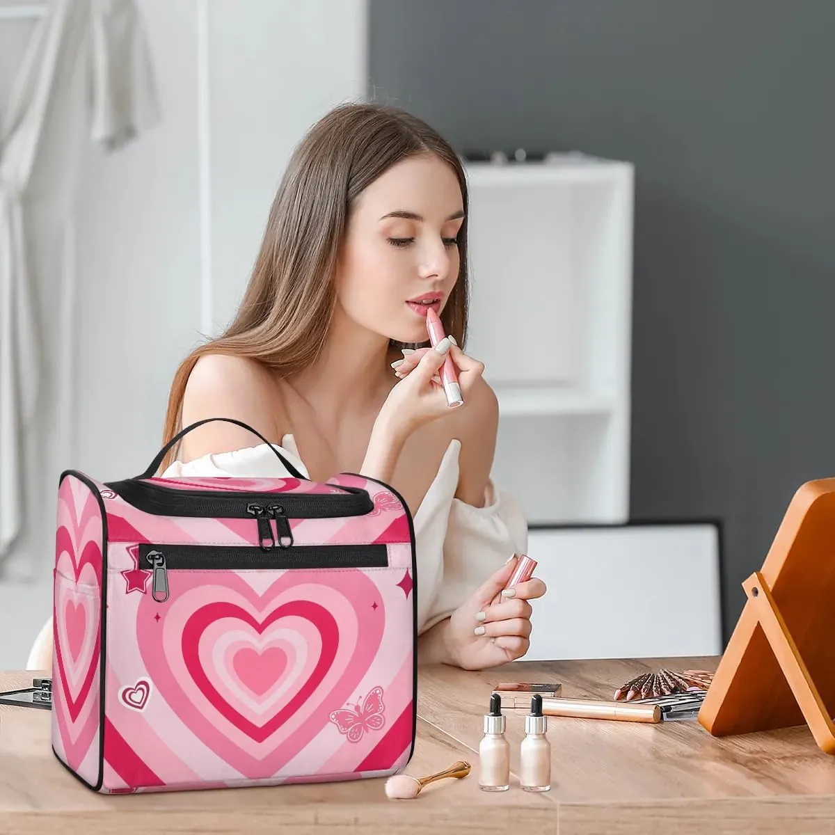 Pink Love Heart Hanging Toiletry Bag Wash Makeup Bag for Women Girls Butterfly Travel Cosmetics Bag Shaving Bag Organizer Kit for Accessories, Cosmetics, Travel Essentials