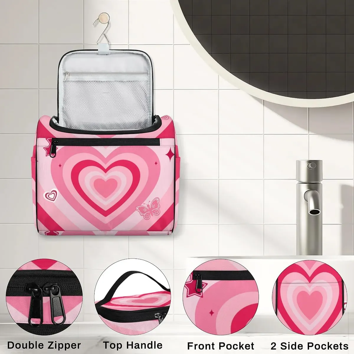 Pink Love Heart Hanging Toiletry Bag Wash Makeup Bag for Women Girls Butterfly Travel Cosmetics Bag Shaving Bag Organizer Kit for Accessories, Cosmetics, Travel Essentials