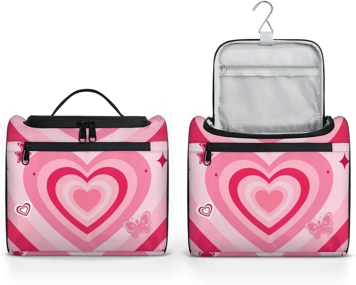 Pink Love Heart Hanging Toiletry Bag Wash Makeup Bag for Women Girls Butterfly Travel Cosmetics Bag Shaving Bag Organizer Kit for Accessories, Cosmetics, Travel Essentials