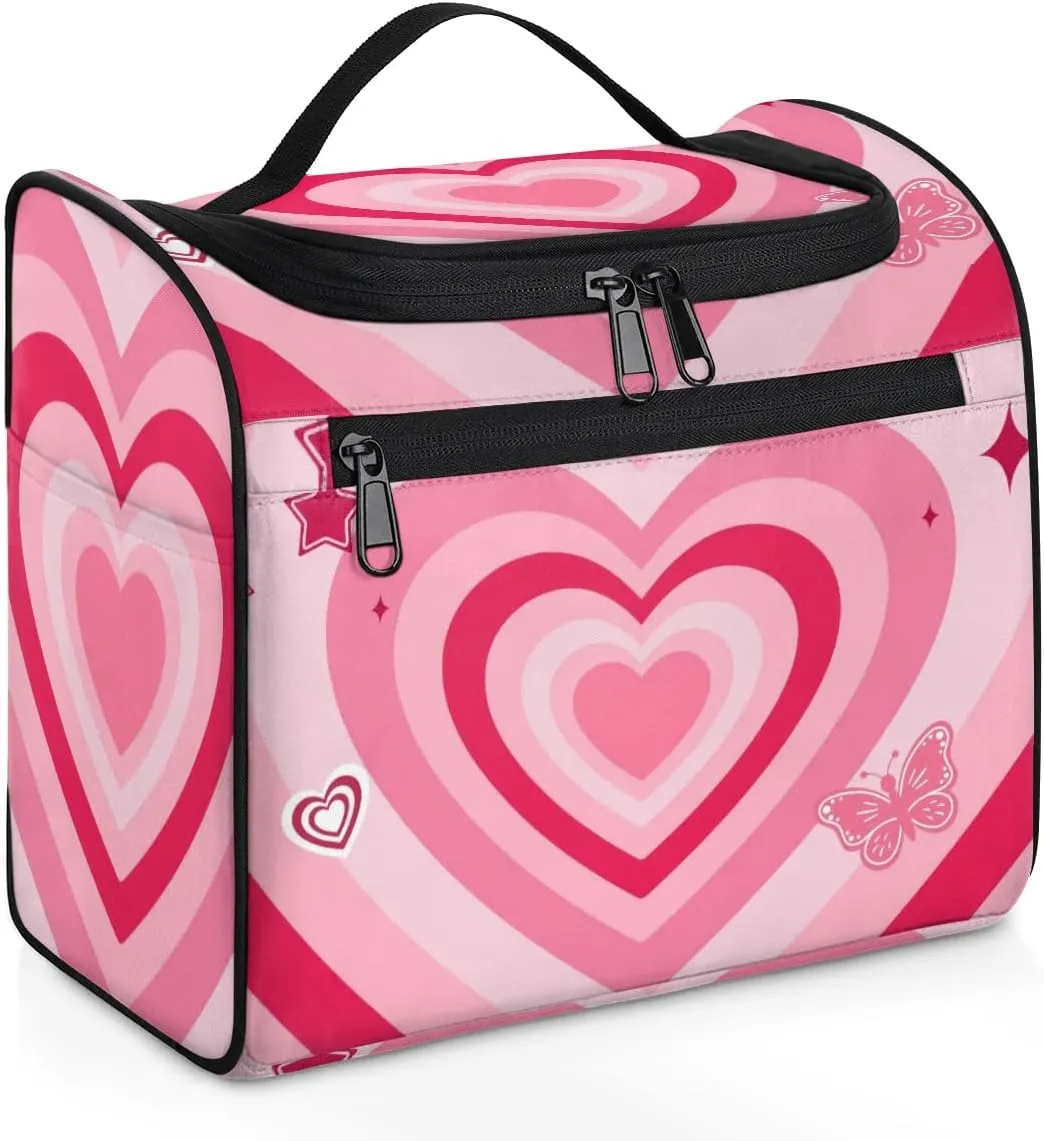 Pink Love Heart Hanging Toiletry Bag Wash Makeup Bag for Women Girls Butterfly Travel Cosmetics Bag Shaving Bag Organizer Kit for Accessories, Cosmetics, Travel Essentials