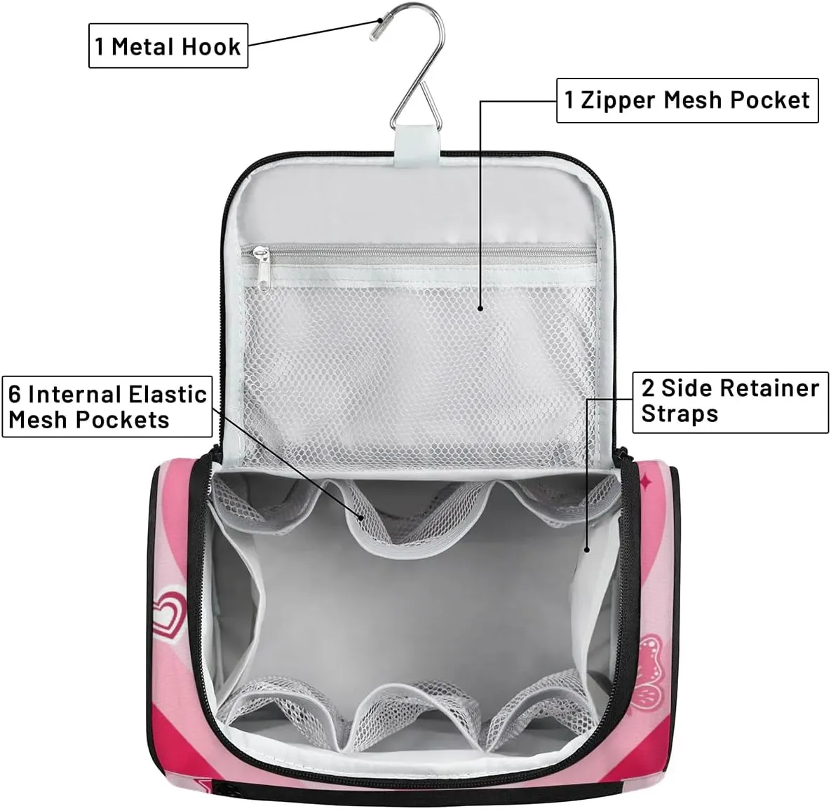 Pink Love Heart Hanging Toiletry Bag Wash Makeup Bag for Women Girls Butterfly Travel Cosmetics Bag Shaving Bag Organizer Kit for Accessories, Cosmetics, Travel Essentials