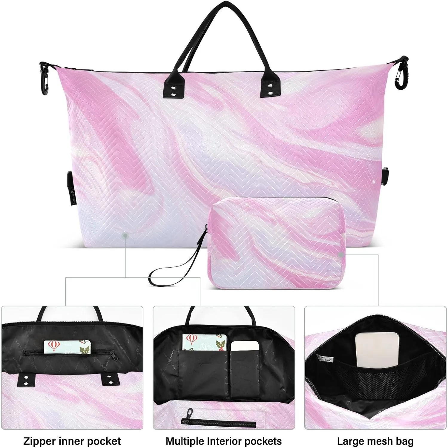 Pink Marble Sports Gym Bag for Women Men Travel Duffel Bag Weekend Overnight Carry on Bag with Toiletry Bag Hospital Bag for Swimming Yoga Workout Hospital Plane