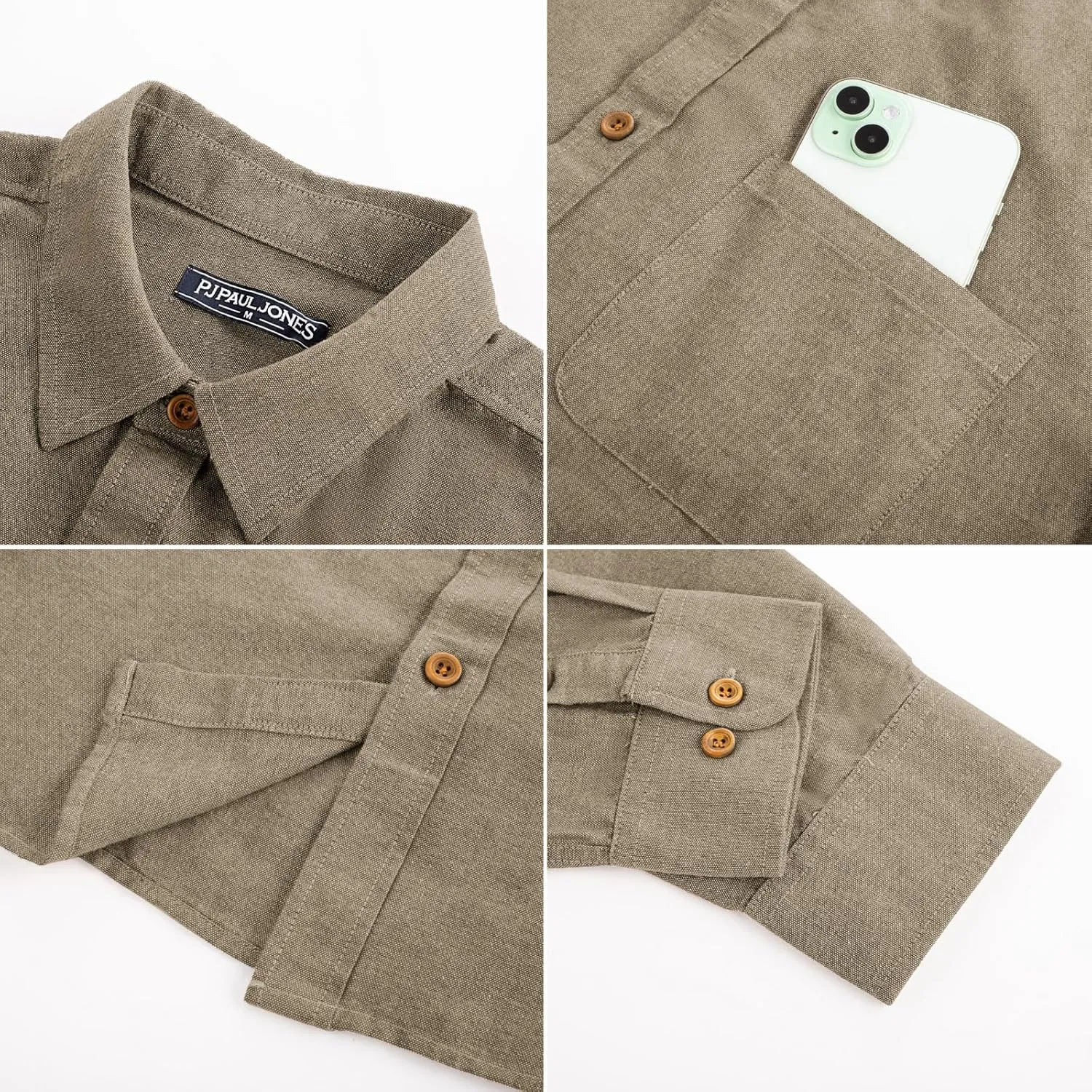 PJ PAUL JONES Men's Linen Shirts Casual Button Down Long Sleeve Shirt Lightweight Beach Shirt with Pocket
