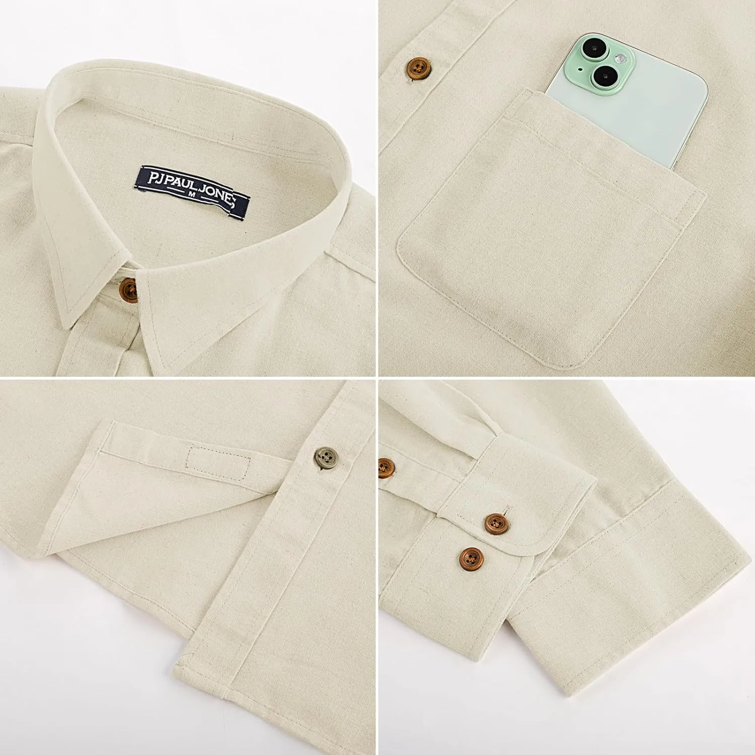 PJ PAUL JONES Men's Linen Shirts Casual Button Down Long Sleeve Shirt Lightweight Beach Shirt with Pocket