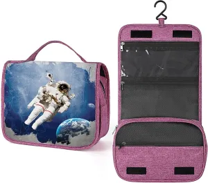 Planet Pattern,Toiletry Bag for Women,Astronaut and Planet Earth,Water-resistant Hanging Bathroom Travel Makeup Organizer,Cosmetic Case Traveling for Full Accessories,Blue Grey