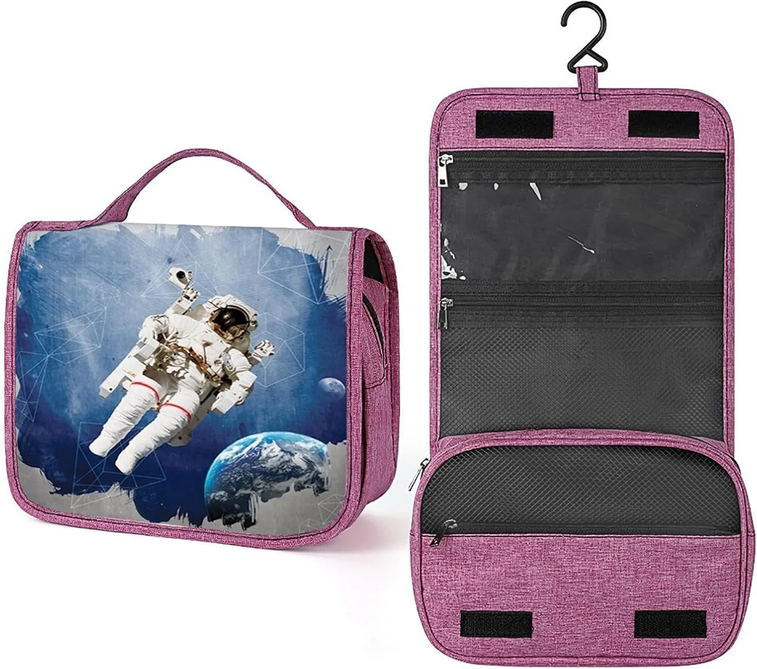 Planet Pattern,Toiletry Bag for Women,Astronaut and Planet Earth,Water-resistant Hanging Bathroom Travel Makeup Organizer,Cosmetic Case Traveling for Full Accessories,Blue Grey