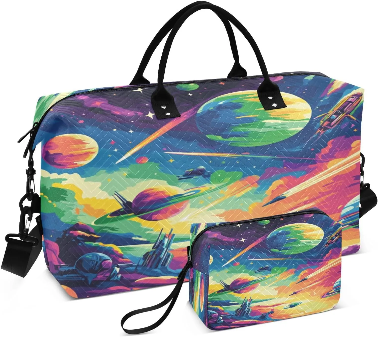 Planet Spaceship Meteor Sports Gym Bag for Women Men Travel Duffel Bag Weekend Overnight Carry on Bag with Toiletry Bag Workout Dance Bag for Swimming Yoga Workout Hospital Plane