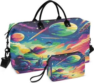 Planet Spaceship Meteor Sports Gym Bag for Women Men Travel Duffel Bag Weekend Overnight Carry on Bag with Toiletry Bag Workout Dance Bag for Swimming Yoga Workout Hospital Plane