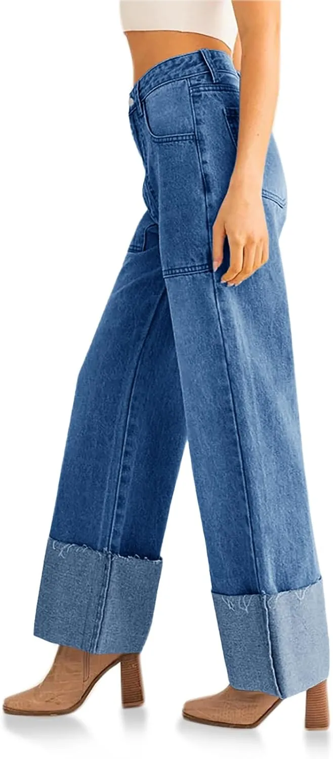 PLNOTME Womens Baggy Cuffed Jeans Casual Straight Leg Boyfriend Denim Pants with Pockets