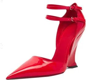 Pointed Closed Toe Wedge Heels for Women, Sexy Patent Leather Buckle Strap Office Dress Pumps Shoes