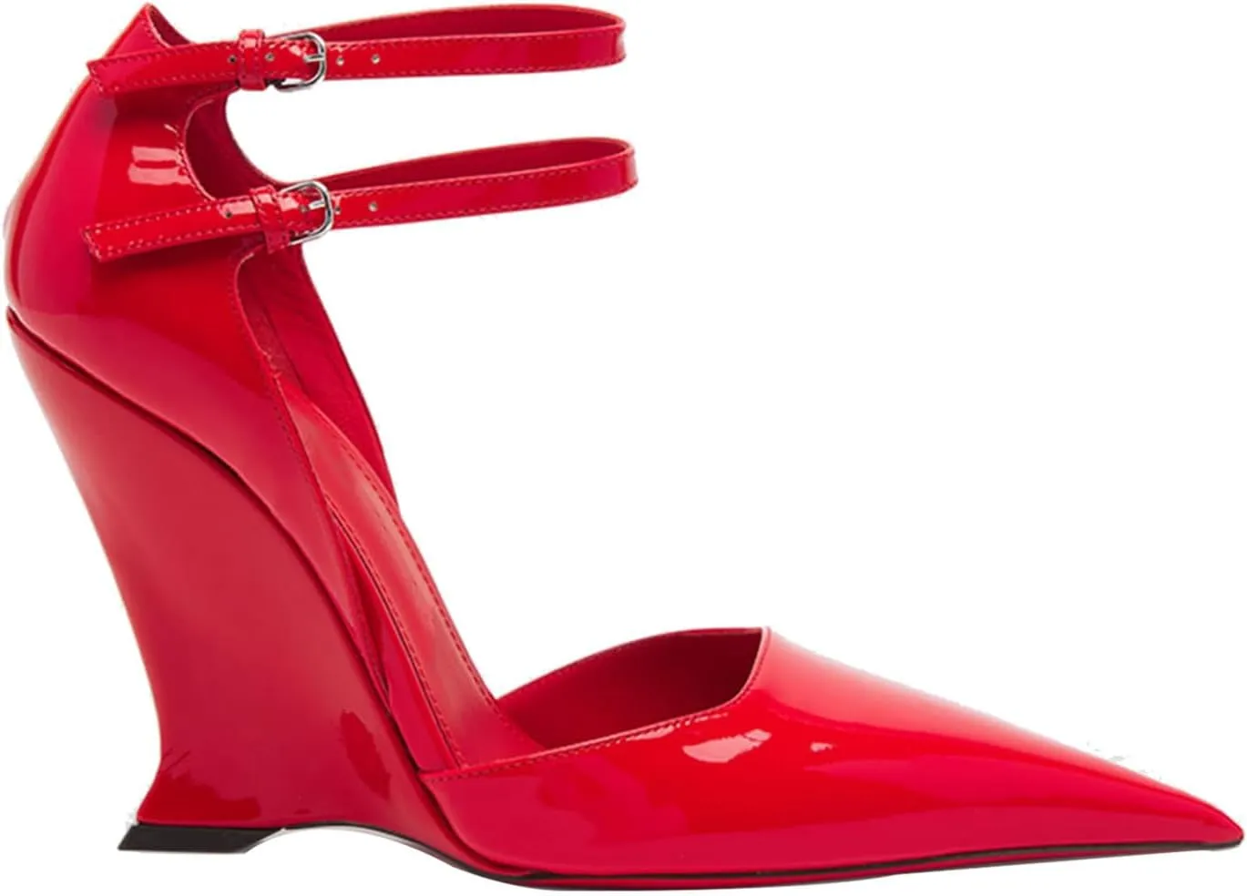 Pointed Closed Toe Wedge Heels for Women, Sexy Patent Leather Buckle Strap Office Dress Pumps Shoes