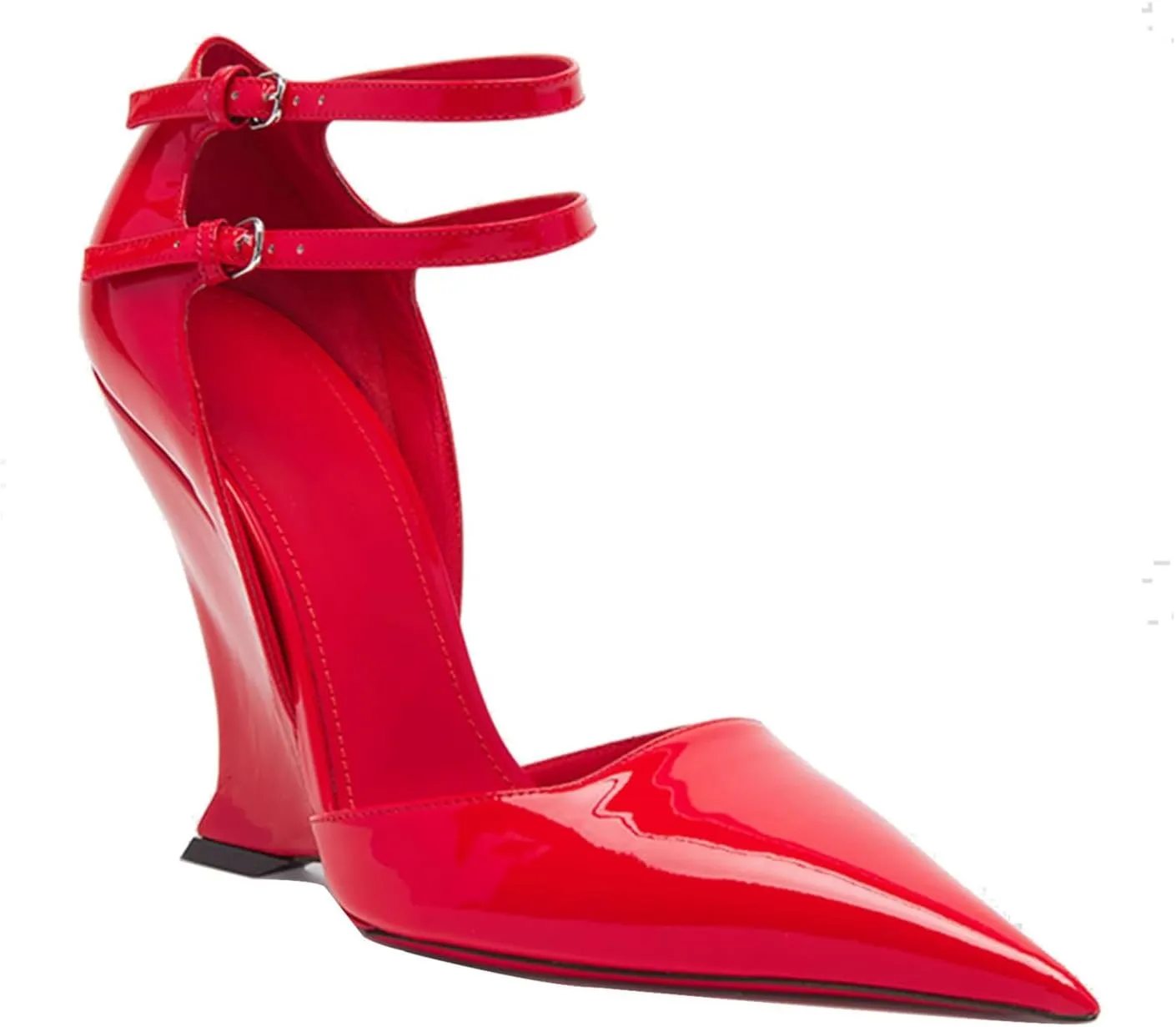 Pointed Closed Toe Wedge Heels for Women, Sexy Patent Leather Buckle Strap Office Dress Pumps Shoes