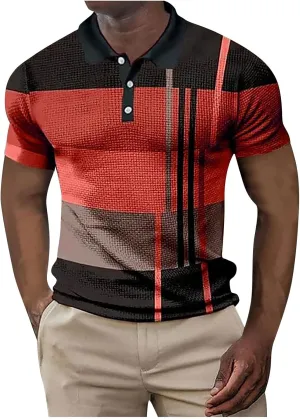 Polo Shirts for Men Short Sleeve Button Down Slim Fit Waffle T Shirt Plaid Striped Solid Color Golf Tees Dry Fit Tops