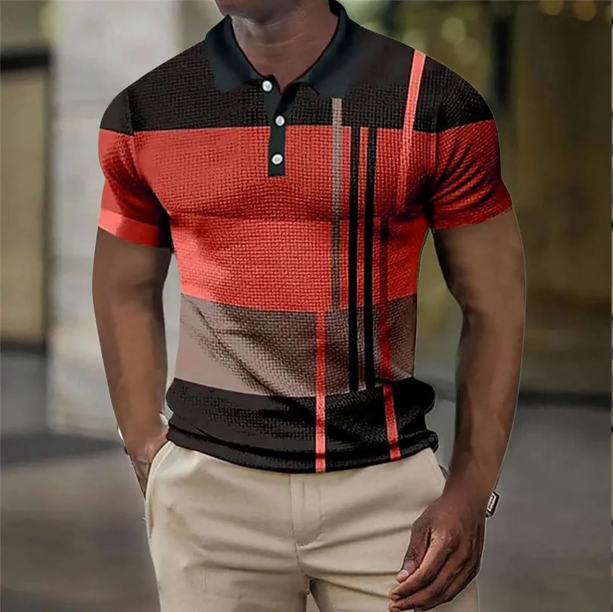 Polo Shirts for Men Short Sleeve Button Down Slim Fit Waffle T Shirt Plaid Striped Solid Color Golf Tees Dry Fit Tops